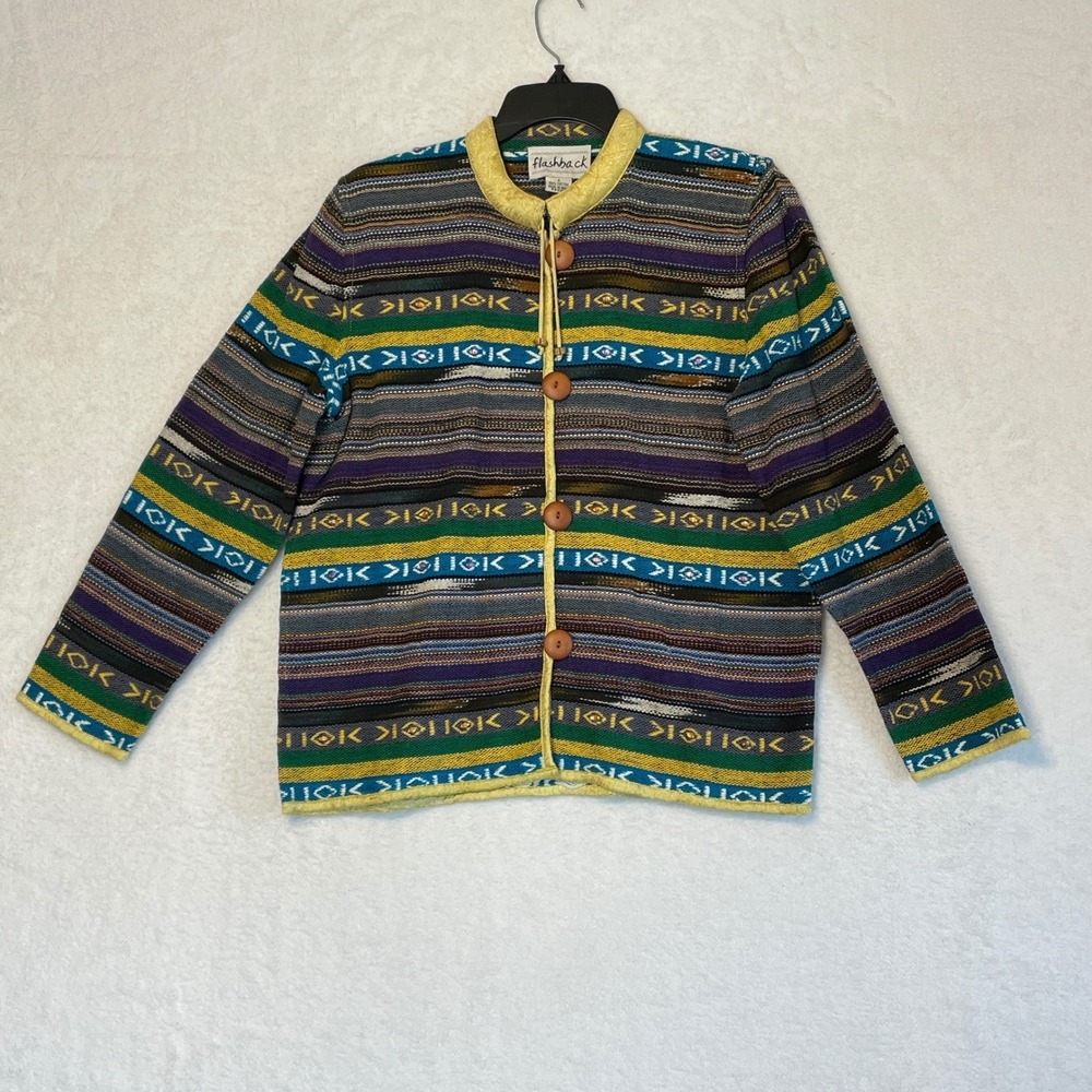 Flashback Cotton Southwestern Striped Jacket Multi-Color Boho Button Up Small